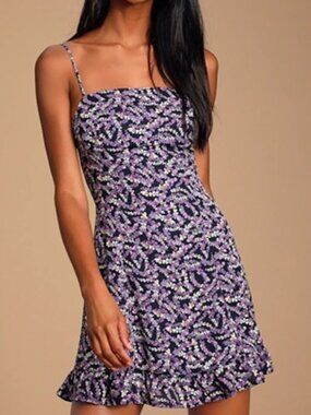 Like New Lulus Brynne Purple and Navy Blue Floral Print Mini Dress - Size Med